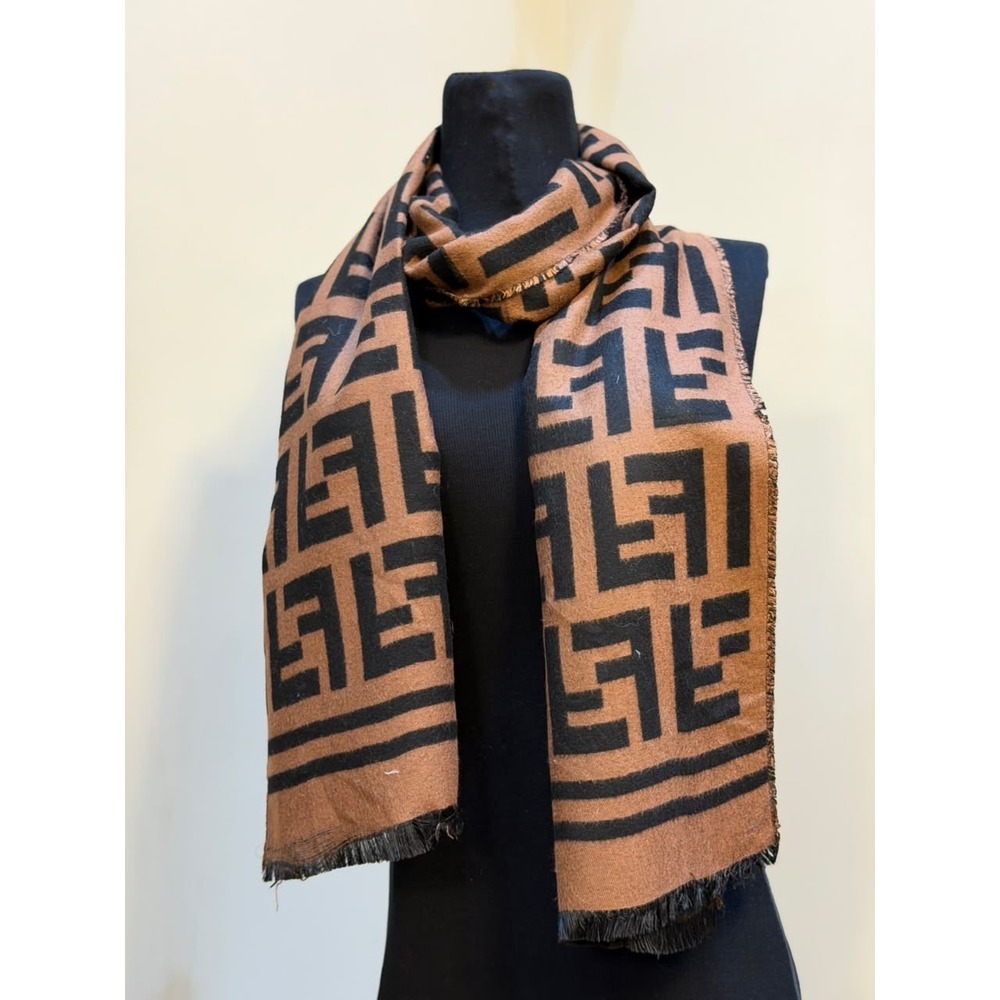 Fendi FF Zucca Monogram Scarf Cashmere Silk Tobacco Brown Black Fringe Wrap